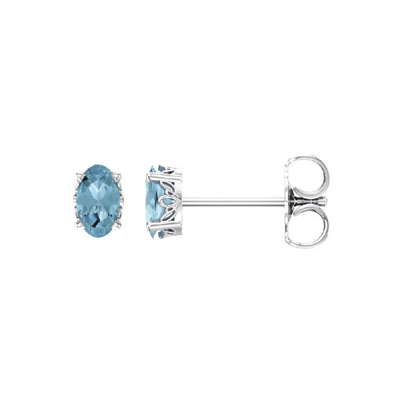 Ladies earrings engraved details-Faceted Oval Aquamarine Stud Earrings in 14k White Gold