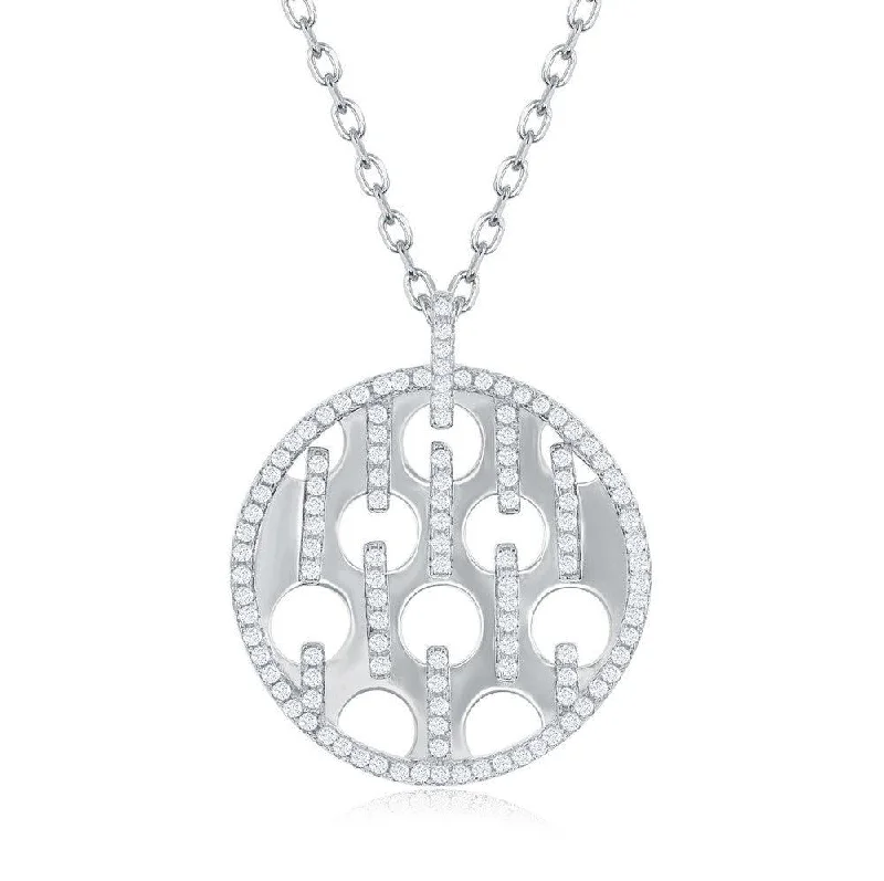 Ladies necklaces price range-Sterling Silver Shiny Disc with Circle Cut-Outs and CZ Necklace