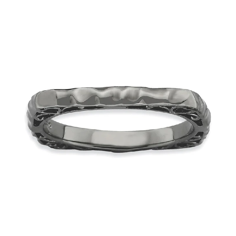 Ladies ring lightweight choices-2.25mm Stackable Black Plated Silver Square Hammered Scroll Band