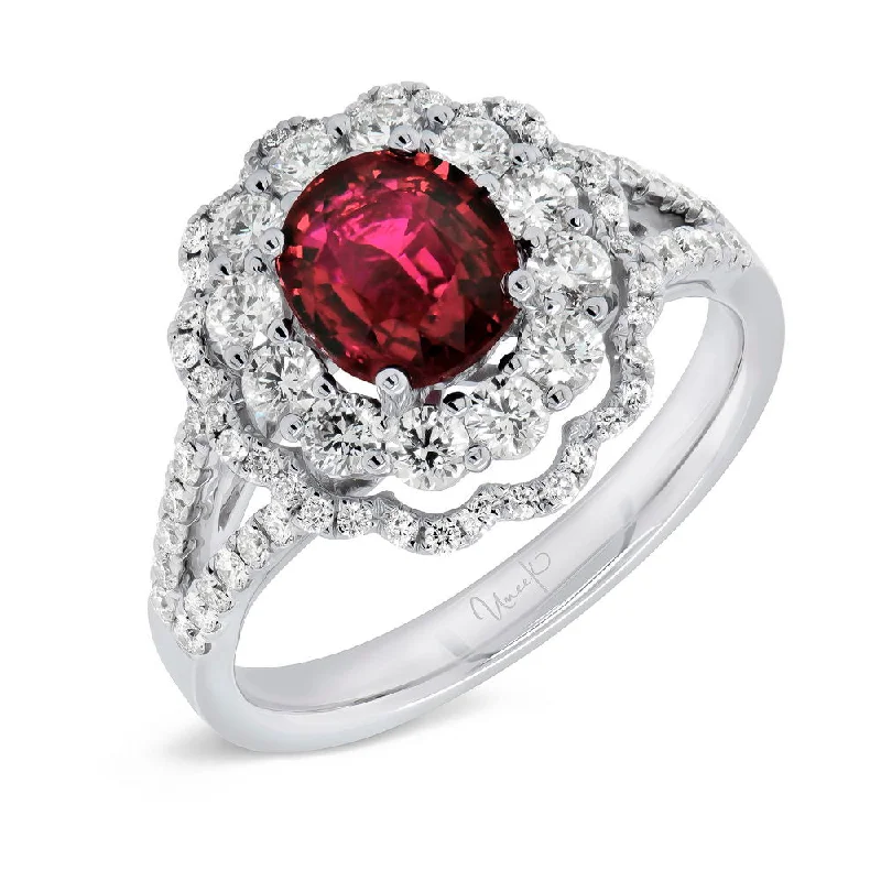 Ladies engagement rings budget-friendly-Uneek Precious Collection Double-Halo Oval Shaped Ruby Engagement Ring