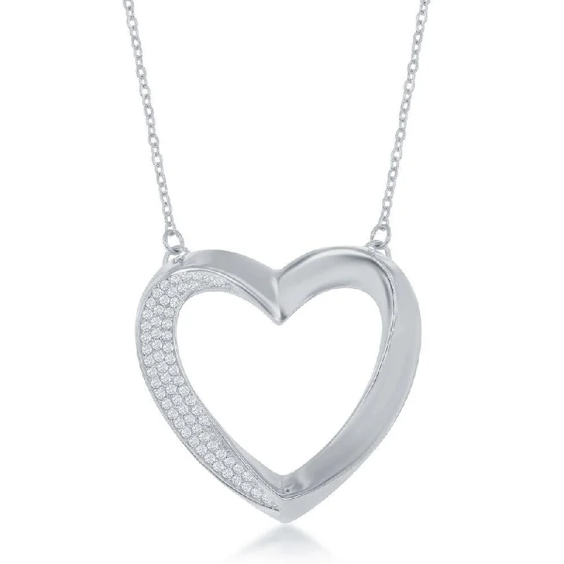 Ladies necklaces Asian-inspired-Sterling Silver Half Micro Pave Twisted Open Heart Necklace