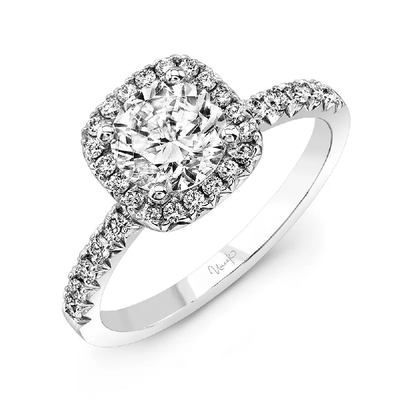 Ladies engagement rings vintage charm-Uneek Round-Diamond-on-Cushion-Halo French Cut Engagement Ring