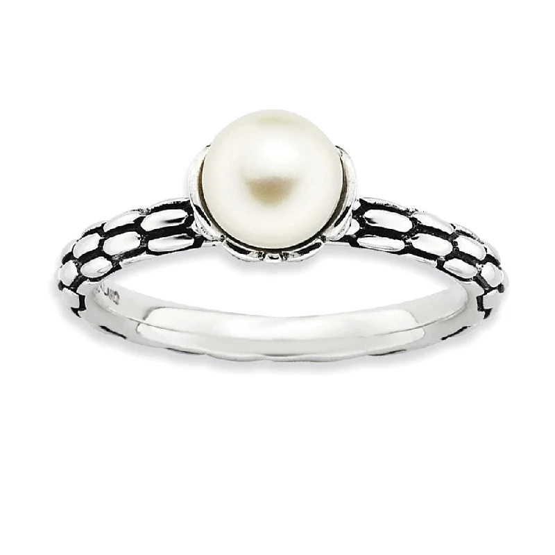 Ladies ring geometric patterns-FW Cultured Pearl Sterling Silver Stackable Antiqued Ring (6.0-6.5mm)