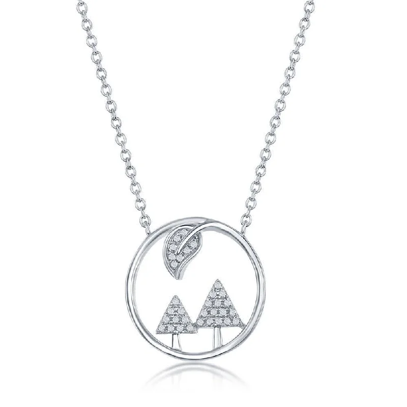 Ladies necklaces age suitability-Sterling Silver Cubic Zirconia Trees and Leaf Round Necklace