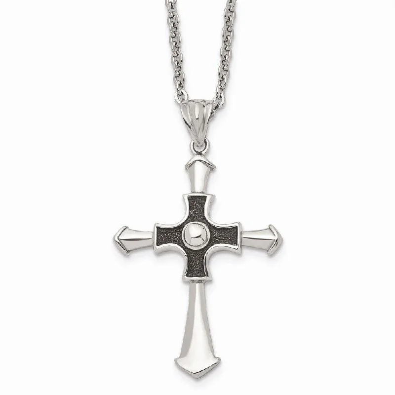 Ladies necklaces creative designs-Stainless Steel Antiqued & Polished Cross 22in Necklace