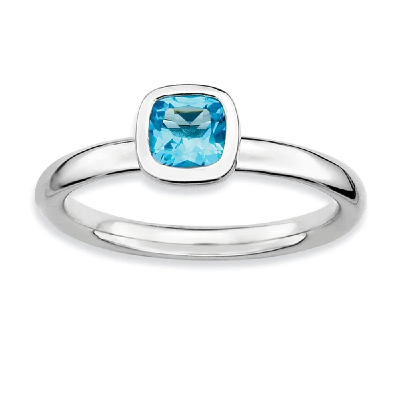 Ladies ring personalized-Silver Stackable Cushion Cut Blue Topaz Solitaire Ring