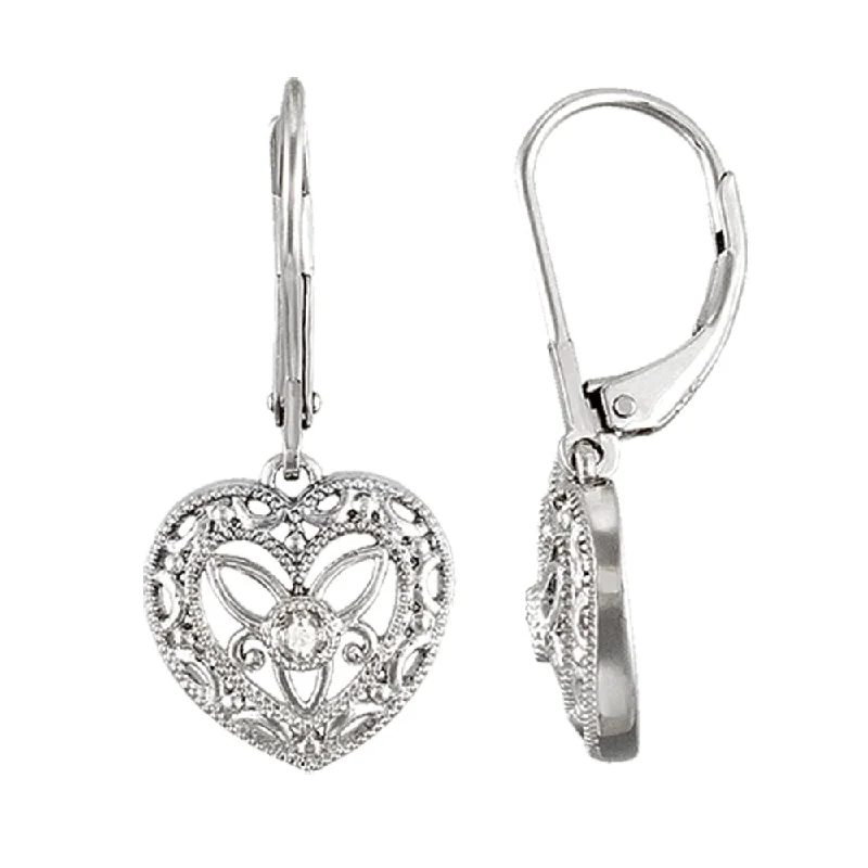 Ladies earrings dangle looks-Vintage Style Diamond Heart Earrings in Sterling Silver