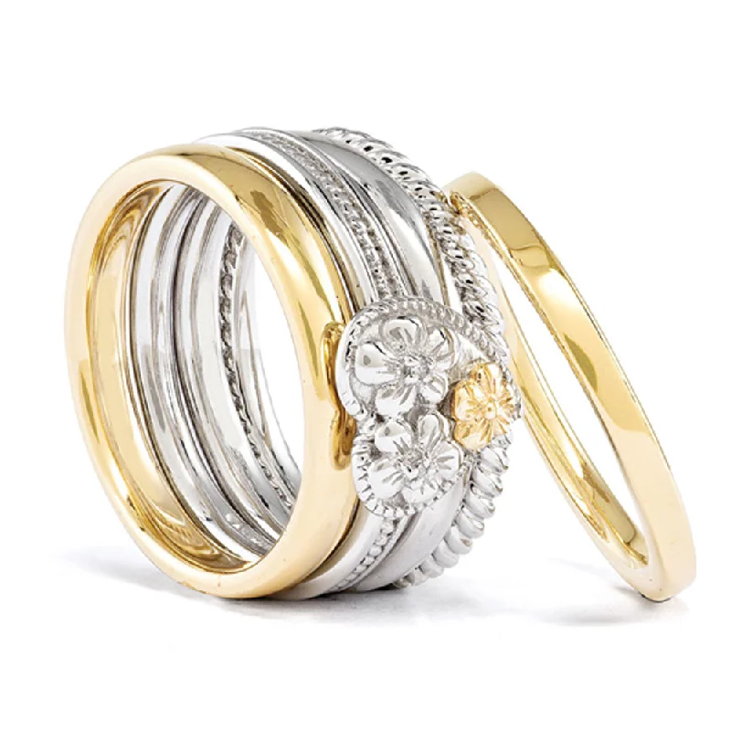 Ladies ring heart shapes-Sterling Silver & 14K Gold Plated Diamond Floral Heart Stack Ring Set