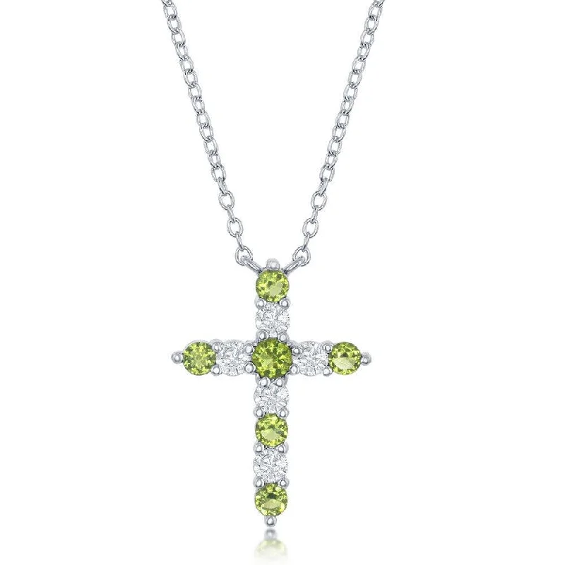 Ladies necklaces social media trends-Sterling Silver Peridot CZ August Birthstone Cross Necklace