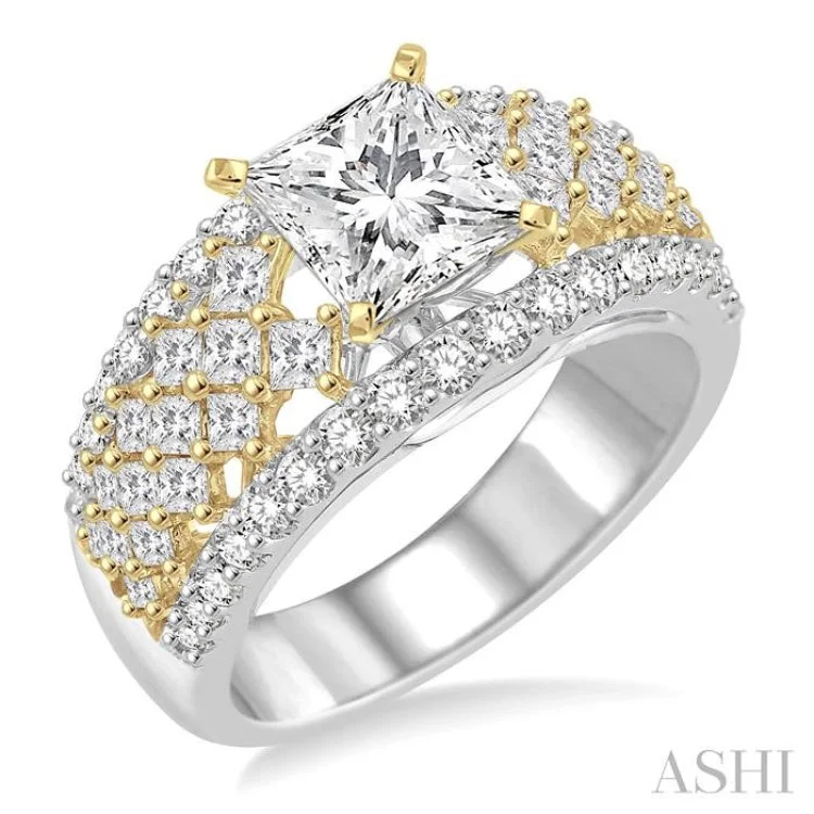 Ladies engagement rings viral designs-1 1/2 Ctw Diamond Semi-mount Engagement Ring in 14K White and Yellow Gold