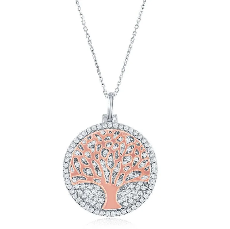 Ladies necklaces viral picks-Sterling Silver Micro Pave Disc with Rose GP Center Tree Necklace