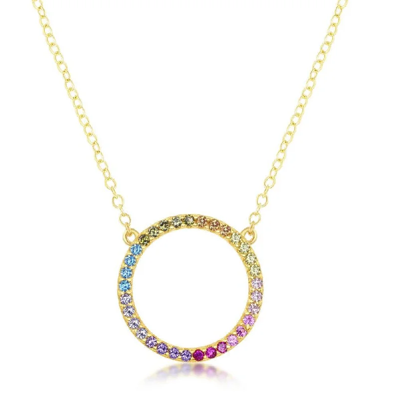 Ladies necklaces wedding pieces-Sterling Silver GP Rainbow CZ Circle of Life Necklace