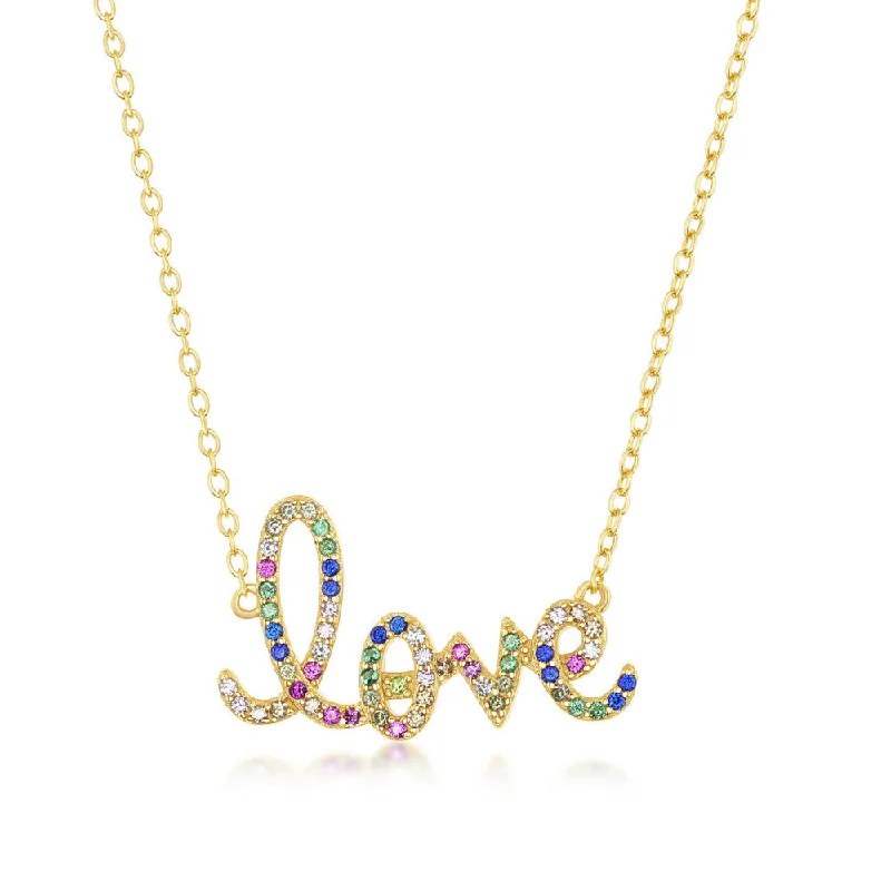 Ladies necklaces affordable picks-Sterling Silver Gold Plated Rainbow CZ 'Love' Necklace