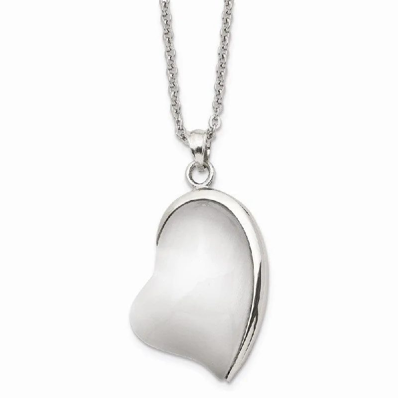 Ladies necklaces popular brands-Stainless Steel Polished White Cat's Eye Heart Necklace