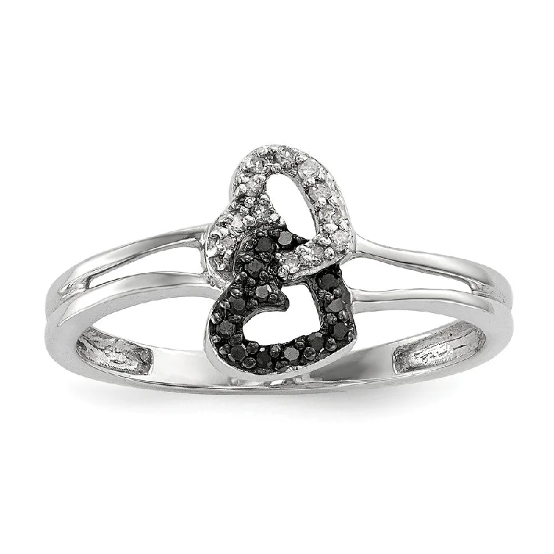 Ladies ring Mother’s Day-1/10 Cttw Black & White Diamond Double Heart Sterling Silver Ring