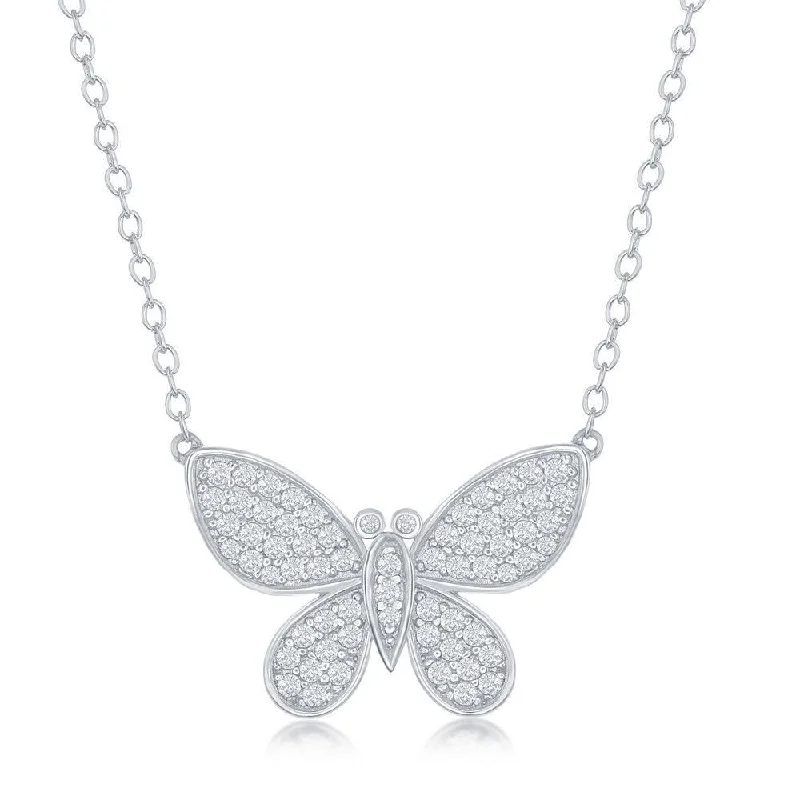 Ladies necklaces worldwide trends-Sterling Silver Micro Pave Butterfly Necklace