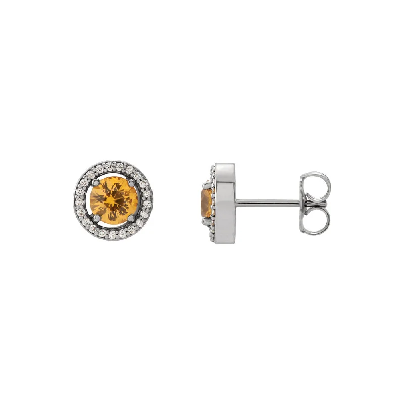 Ladies earrings bohemian charm-8mm Halo Style Yellow Sapphire & Diamond Earrings in 14k White Gold