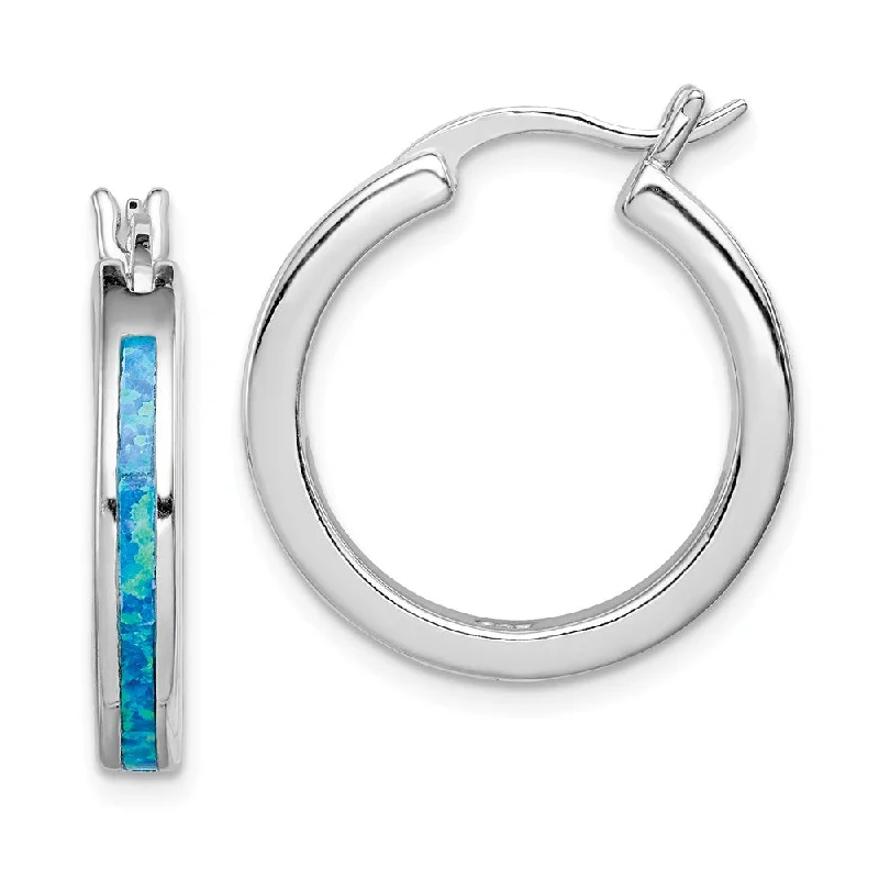 Ladies earrings friendship pairs-Created Blue Opal Inlay Round Hoop Earrings in Silver, 20mm (3/4 in)