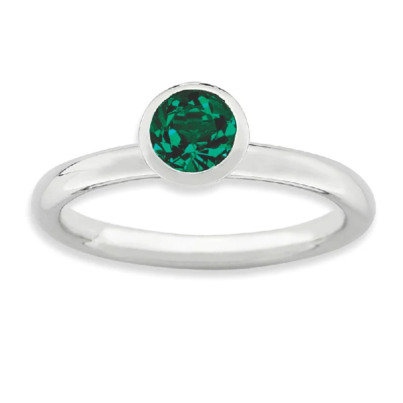 Ladies ring classic looks-Sterling Silver w/5mm Green Crystals High Profile Stack Ring