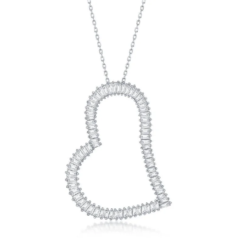 Ladies necklaces cute looks-Sterling Silver Large Baguette CZ Heart Necklace