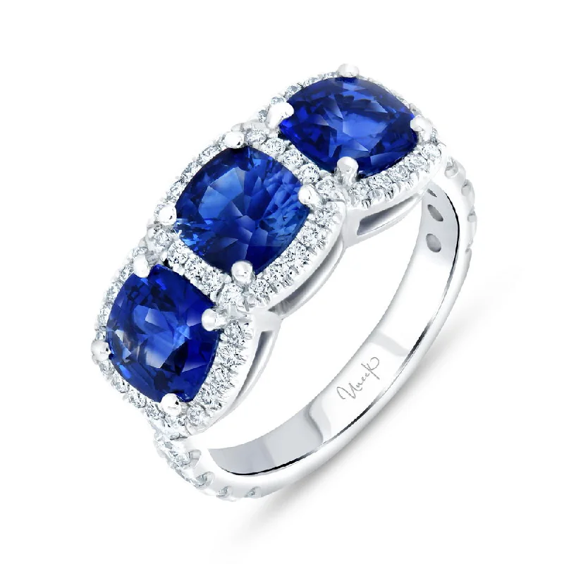 Ladies engagement rings viral designs-Uneek Precious Collection 3-Stone-Halo Cushion Cut Blue Sapphire Engagement Ring