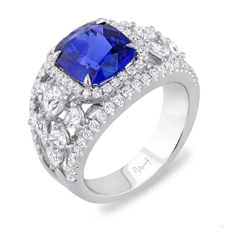 Ladies engagement rings bold statements-Uneek Cushion-Cut Sapphire Wide-Band Engagement Ring with Pear-Shaped Side Diamond Clusters