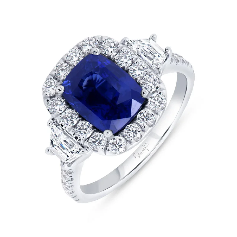 Ladies engagement rings twisted designs-Uneek Precious Collection 3-Stone-Halo Cushion Cut Blue Sapphire Engagement Ring