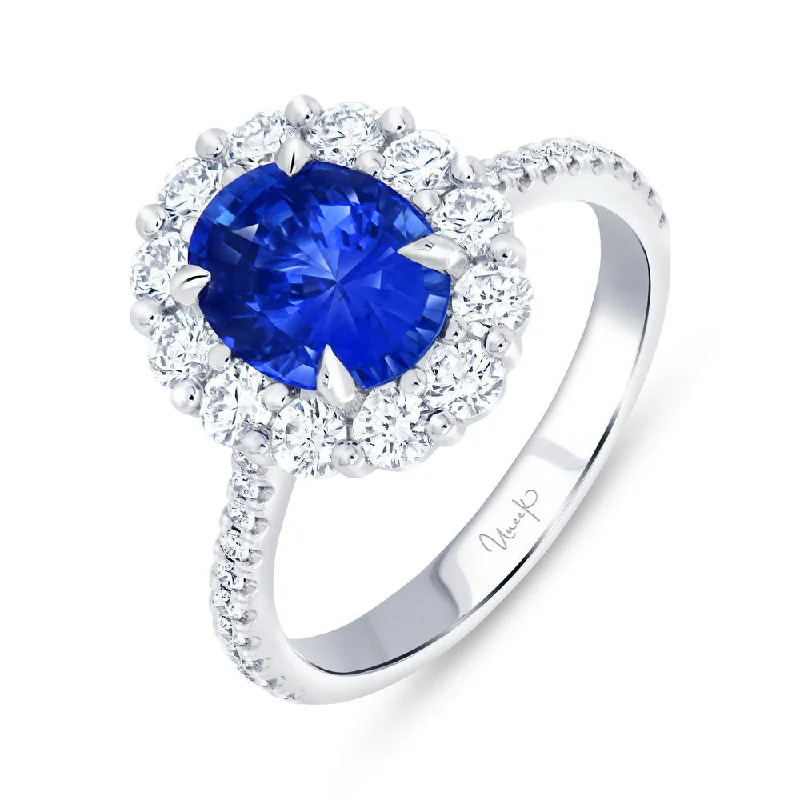 Ladies engagement rings latest trends-Uneek Precious Collection Halo Oval Shaped Blue Sapphire Engagement Ring