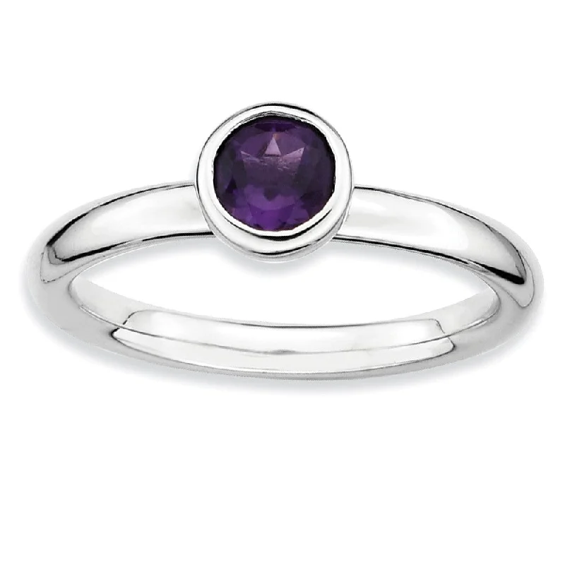 Ladies ring office looks-Rhodium Plated Sterling Silver Low Profile 5mm Amethyst Stack Ring