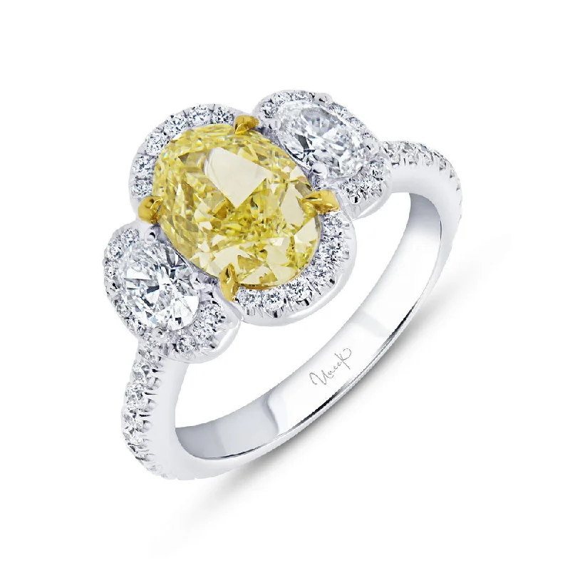 Ladies engagement rings small stones-Uneek Natureal Collection 3-Stone-Halo Oval Shaped Fancy Light Yellow Diamond Engagement Ring