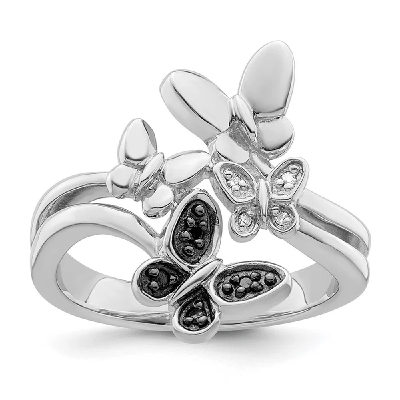 Ladies ring gothic appeal-1/20 Ctw Black & White Diamond Butterfly Ring in Sterling Silver