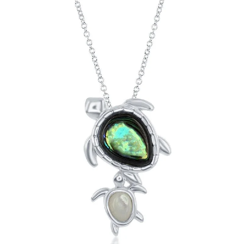 Ladies necklaces gift ideas-Sterling Silver Abalone Turtle with MOP Baby Turtle Necklace