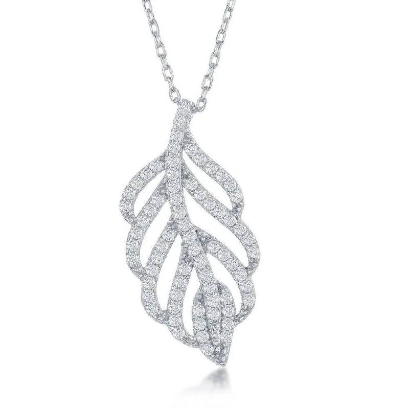 Ladies necklaces vintage charm-Sterling Silver Open Cubic Zirconia Leaf Design Necklace