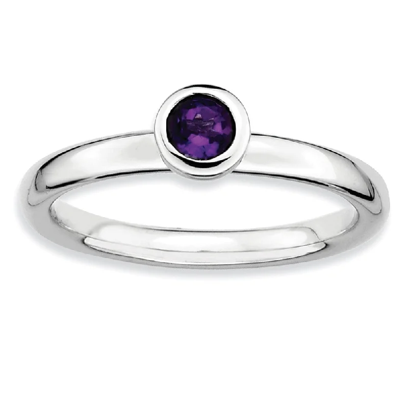 Ladies ring personalized-Rhodium Plated Sterling Silver Low Profile 4mm Amethyst Stack Ring