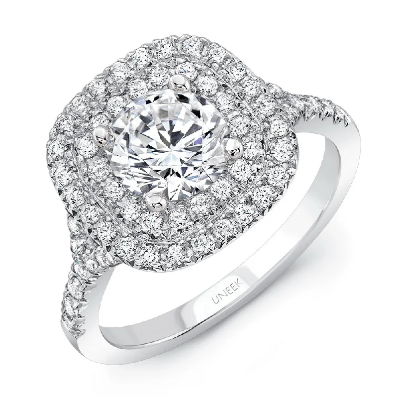 Ladies engagement rings affordable options-Uneek Round Diamond Engagement Ring with Cushion-Shaped Double Halo, Filigree Detail and Surprise Diamonds