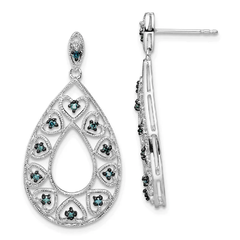 Ladies earrings unique finds-Blue & White Diamond Teardrop Heart Dangle Earrings in Sterling Silver