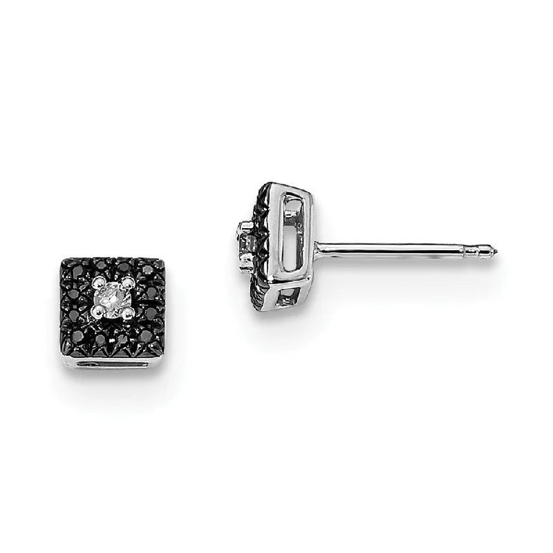 Ladies earrings unique designs-Black & White Diamond 6mm Square Post Earrings in Sterling Silver