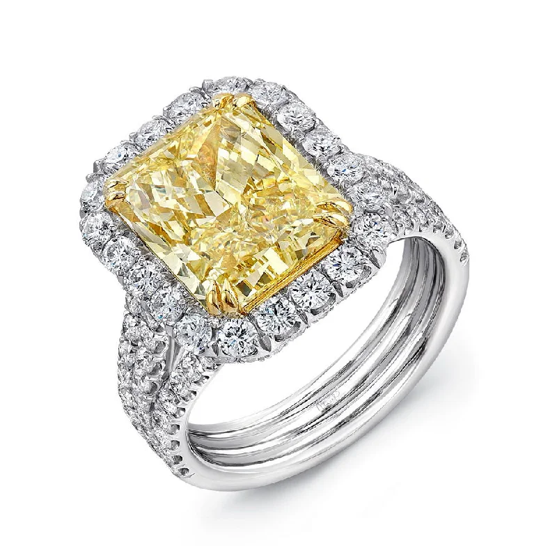 Ladies engagement rings bezel styles-Uneek Radiant Fancy Yellow Diamond Halo Engagement Ring with Pave Triple Shank