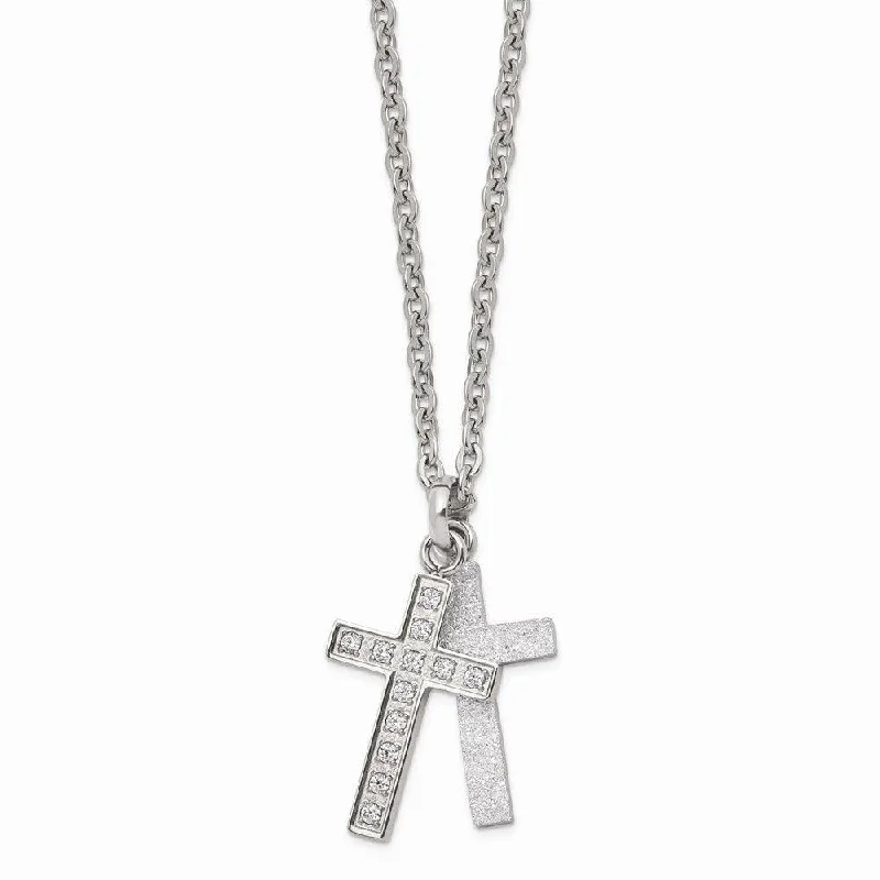 Ladies necklaces collectible items-Stainless Steel Laser cut CZ Two Piece Cross Pendant Necklace