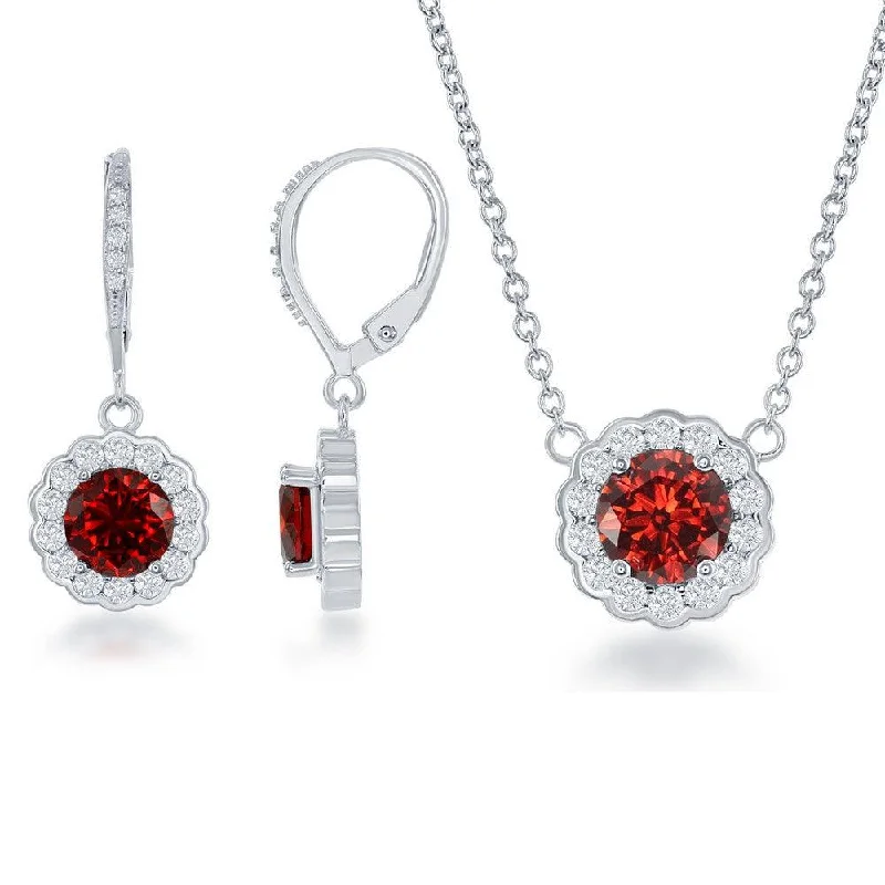 Ladies necklaces care tips-Sterling Silver January Birthstone With  CZ Border Round Earrings and Necklace Set