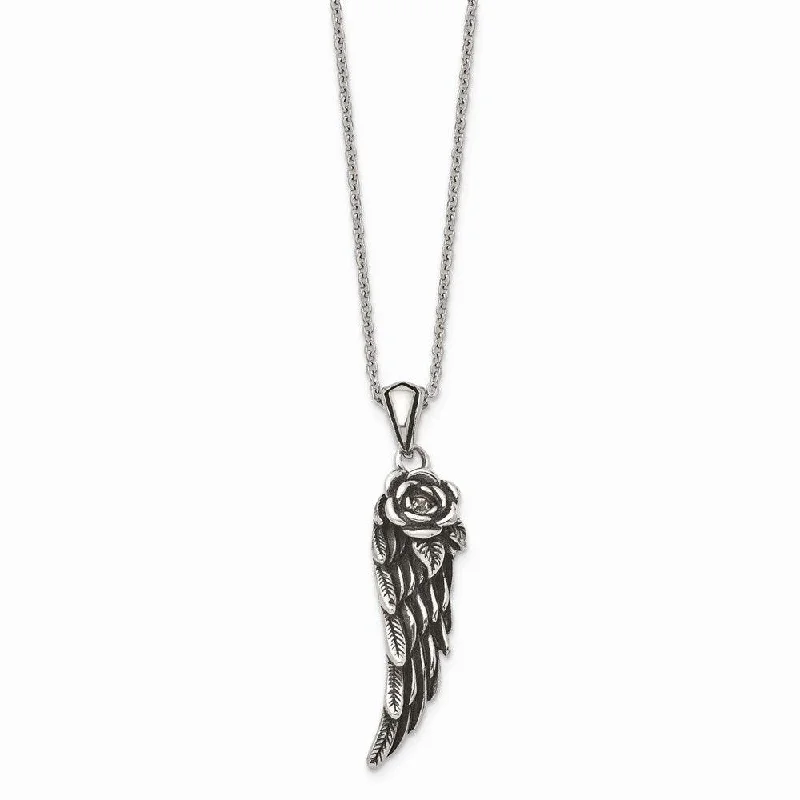 Stainless Steel Antiqued and Polished with Small Crystal Wing Necklace