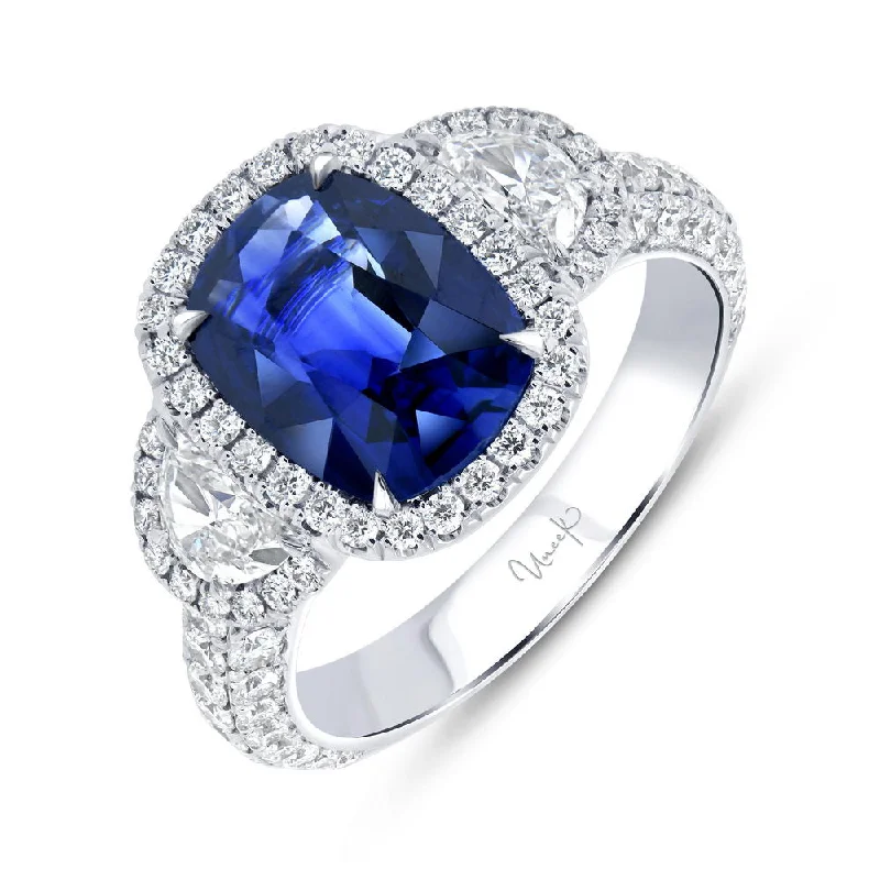 Ladies engagement rings online stores-Uneek Precious Collection Three-Stone Cushion Cut Blue Sapphire Engagement Ring