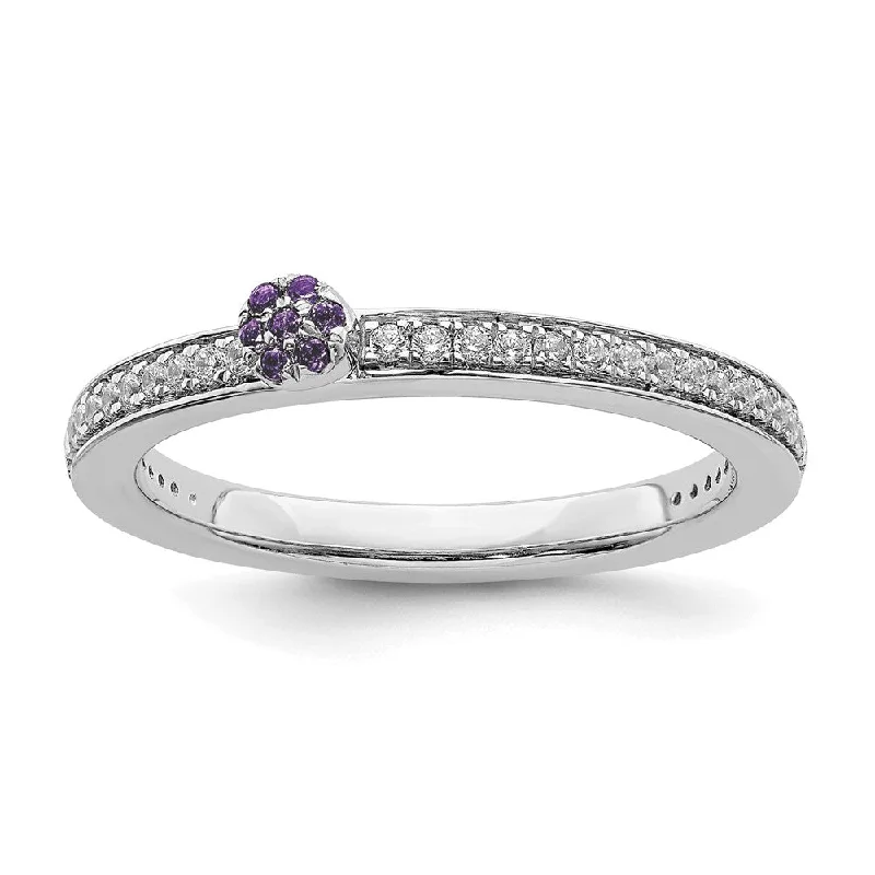 Ladies ring gold designs-14k White Gold, Amethyst & 1/8 Ctw Diamond Stackable Ring