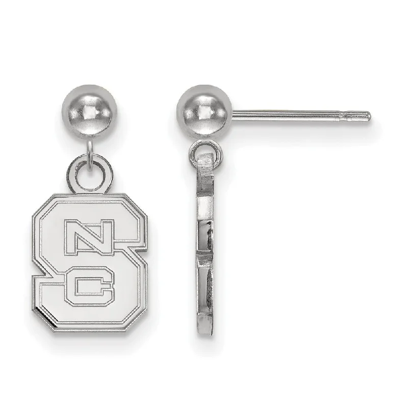 Ladies earrings minimalist trends-14k White Gold North Carolina State Univ Ball Dangle Earrings