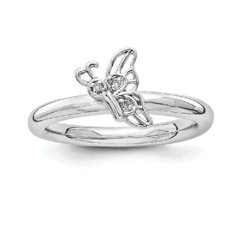 Ladies ring custom made-Rhodium Sterling Silver .015 Ctw Diamond 9mm Butterfly Stackable Ring