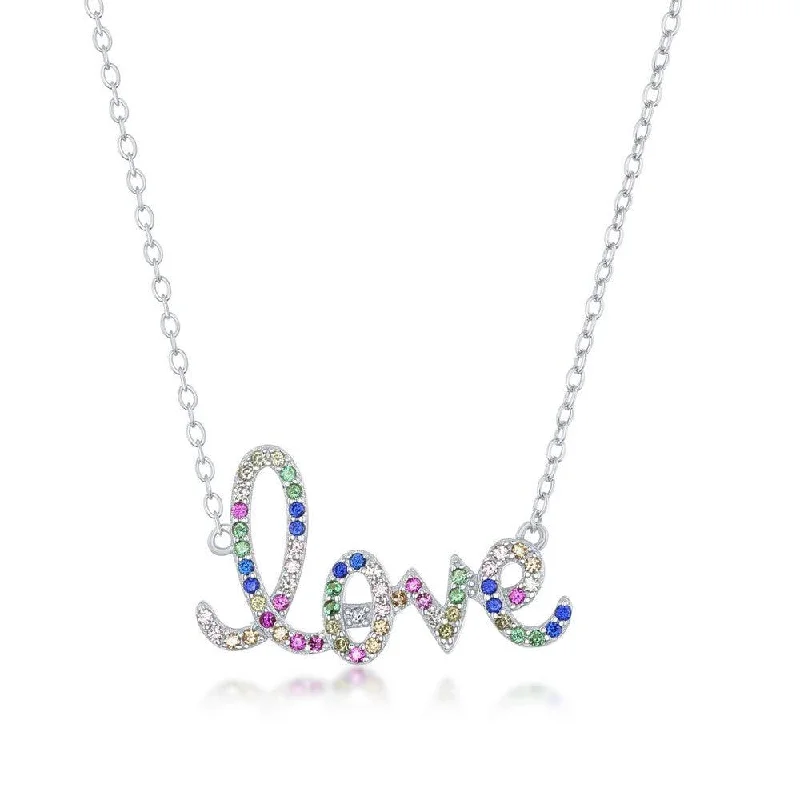 Ladies necklaces luxury brands-Sterling Silver Rainbow Cubic Zirconia 'Love' Script Necklace