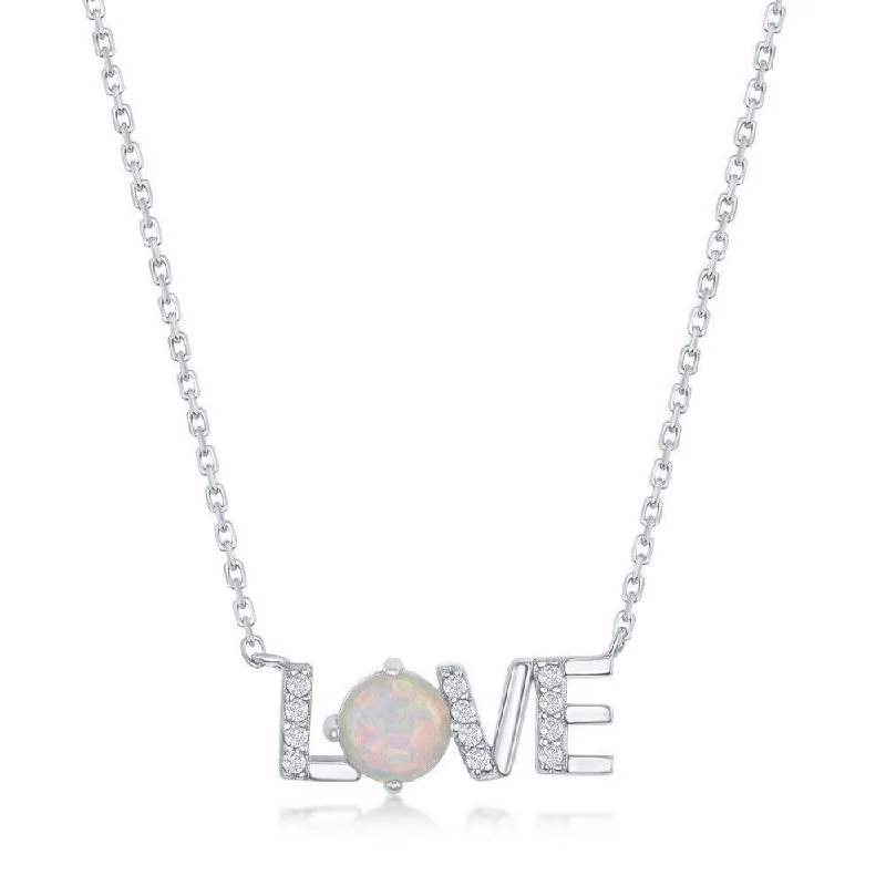 Ladies necklaces latest styles-Sterling Silver Cubic Zirconia and White Opal 'Love' Necklace