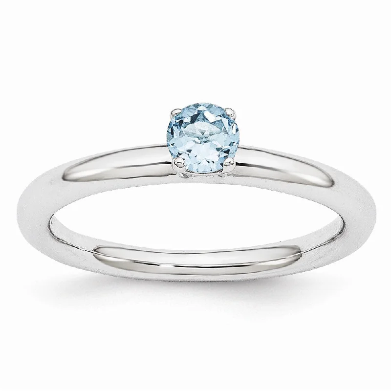 Ladies ring wedding bands-Rhodium Plated Sterling Silver Stackable 4mm Round Blue Topaz Ring