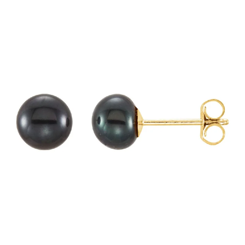 Ladies earrings minimalist trends-14K Yellow Gold Black Freshwater Cultured Pearl Stud Earrings