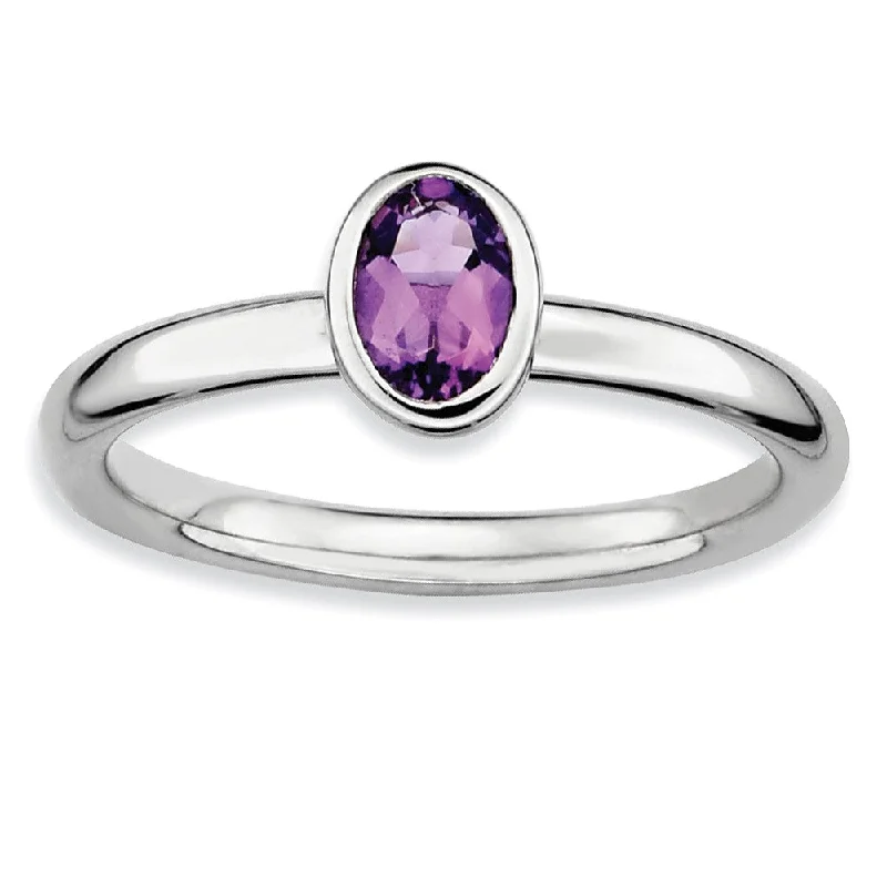 Ladies ring gold-plated-Sterling Silver & Amethyst Stackable Oval Solitaire Ring